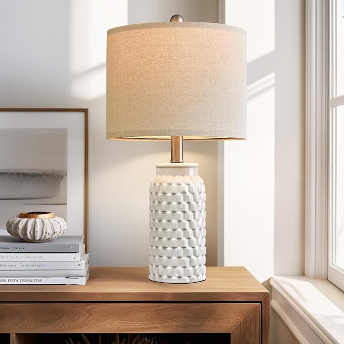 20.5" Modern Ceramic White Bedside Lamp Single Table Lamp for Bedroom Decor Farmhouse Table Lamp for Living Room Office Dorm - LeafyLoom