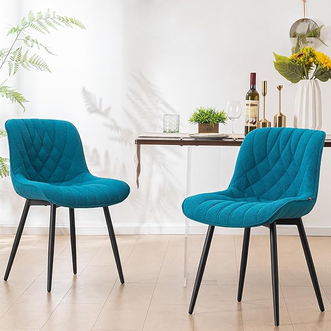 YOUNUOKE Comfortable Dining Chairs Set of 2, Mid-Century Modern Kitchen Dining Room Chairs, Upholstered Backrest Boucle Dining Chair with Black Metal, Teal - LeafyLoom