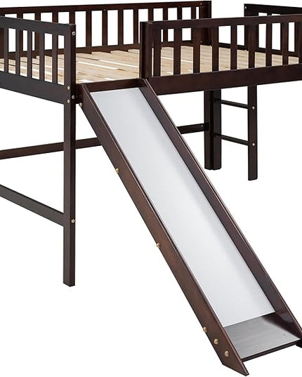 Merax Kids Wood Full Low Loft Bed with Ladder and Slide, Junior Loft Bunk Bed for Boys, Girls,No Box Spring Needed, Espresso - LeafyLoom