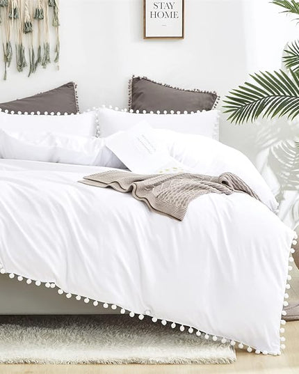 White Twin Comforter Girls Pom Comforter White Twin Bedding Set Boys 3 PCs Soft White Ball Pom Fringe Comforter Set 1 Twin Comforter (68x90 inches) with 2 Pillowcases (20x26 inches) - LeafyLoom