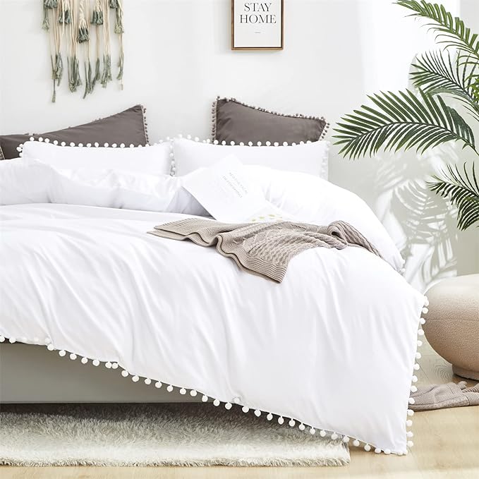 White Twin Comforter Girls Pom Comforter White Twin Bedding Set Boys 3 PCs Soft White Ball Pom Fringe Comforter Set 1 Twin Comforter (68x90 inches) with 2 Pillowcases (20x26 inches) - LeafyLoom