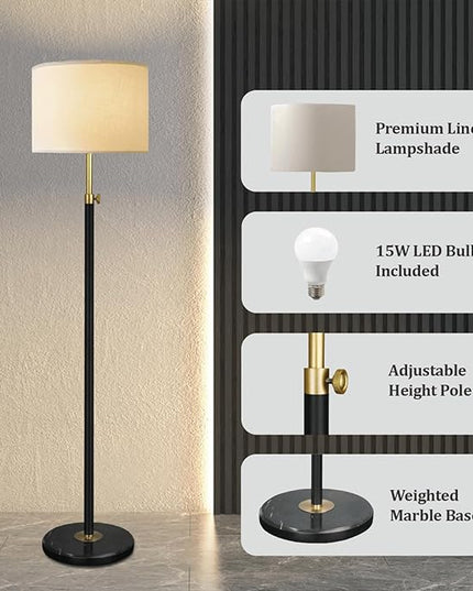 Black Gold Floor Lamps for Living Room with Remote Control, Marble Base 1200 Lumens 15W Adjustable Height Modern Floor Lamp Tall Lamp for Bedroom, Smart Control Alexa & Google Assistance Compatible - LeafyLoom