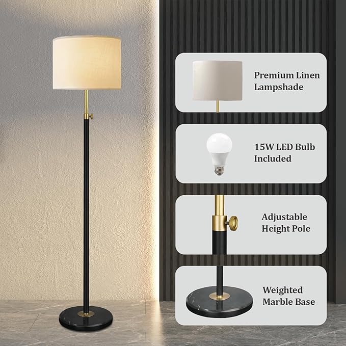 Black Gold Floor Lamps for Living Room with Remote Control, Marble Base 1200 Lumens 15W Adjustable Height Modern Floor Lamp Tall Lamp for Bedroom, Smart Control Alexa & Google Assistance Compatible - LeafyLoom