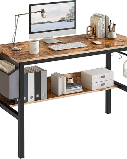 DKLGG Small Computer Desk Study Table, 43 Inch Home Office Laptop Table for Small Spaces, Modern Work Writing Table with Storage Bag & Headphone Hook, Rustic Brown - LeafyLoom