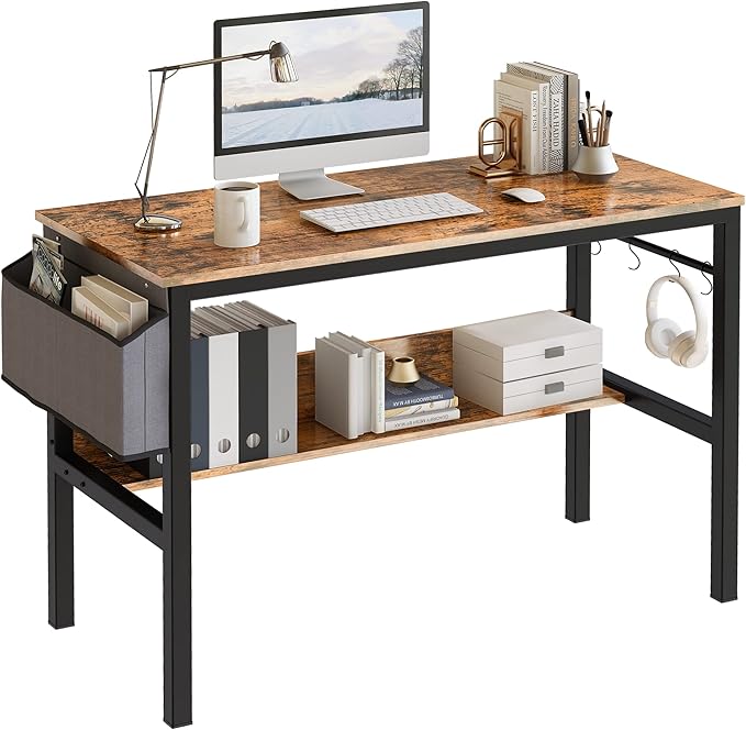DKLGG Small Computer Desk Study Table, 43 Inch Home Office Laptop Table for Small Spaces, Modern Work Writing Table with Storage Bag & Headphone Hook, Rustic Brown - LeafyLoom