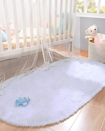 Merelax Soft Shaggy Rug for Kids Bedroom, Oval 2.6'x5.3' White Plush Fluffy Carpets for Living Room, Furry Carpet for Teen Girls Room, Anti-skid Fuzzy Comfy Rug for Nursery Decor Cute Baby Play Mat - LeafyLoom