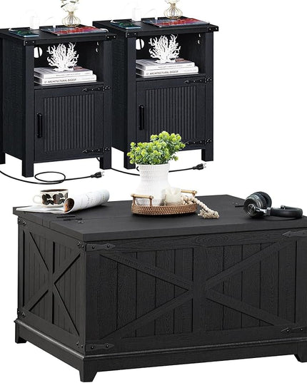 Night Stand, 18 Inch Farmhouse Nightstand with with Charging Station and USB Port, Rustic Couch End Table with Magnetic Door, Wood Bed Side Tables for Bedroom, Home, Black - LeafyLoom