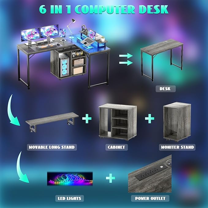Cyclysio L Shaped Gaming Desk with Wood Cabinet, 58" Large Corner Desk with LED Lights & Power Outlet, Reversible Computer Desk with Monitor Stand, Home Office Desk 2 Person Corner Desk, Grey Oak - LeafyLoom