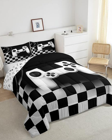 Erosebridal Gaming Alternative Bedding Set for Kids,White Gamepad Design Comforter Set Teenage Boys Room Decor,Buffalo Plaid Check Modern Down Comforter Lightweight Warm,Gamer Decor Duvet Insert Full - LeafyLoom