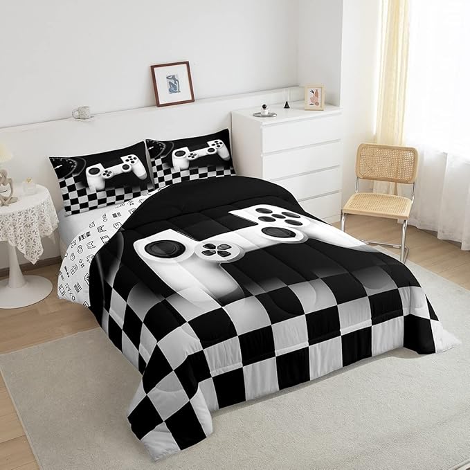 Erosebridal Gaming Alternative Bedding Set for Kids,White Gamepad Design Comforter Set Teenage Boys Room Decor,Buffalo Plaid Check Modern Down Comforter Lightweight Warm,Gamer Decor Duvet Insert Full - LeafyLoom