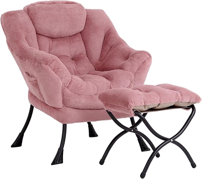 Cozy Lazy Chair and Ottoman, Large Contemporary Accent Lounge Chair Set, Leisure Upholstered Reading Armchair for Bedroom, Living Room, Dorm Rooms, Office - LeafyLoom
