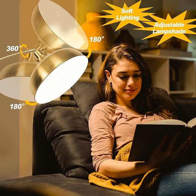 Gold Floor Lamps for Living Room- Arc Floor Lamps with 9W Bulb, 360° Adjustable Metal Shade, Remote Control Dimmable Floor Lamp, Over Couch Mid Century Modern Brass Floor Lamp for Bedroom, Office - LeafyLoom