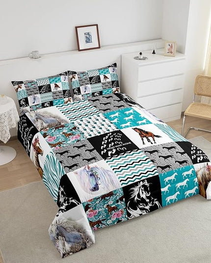 Horse Bedding,Western Farmhouse Horse Comforter Set For Girls Twin Bed,Boho Arrow Teal Zebra Stripe Comforter For Kids Boys Women,Rose Flower Rustic Cowboy Quilt Duvet sets 1 Pillowcases Black White - LeafyLoom