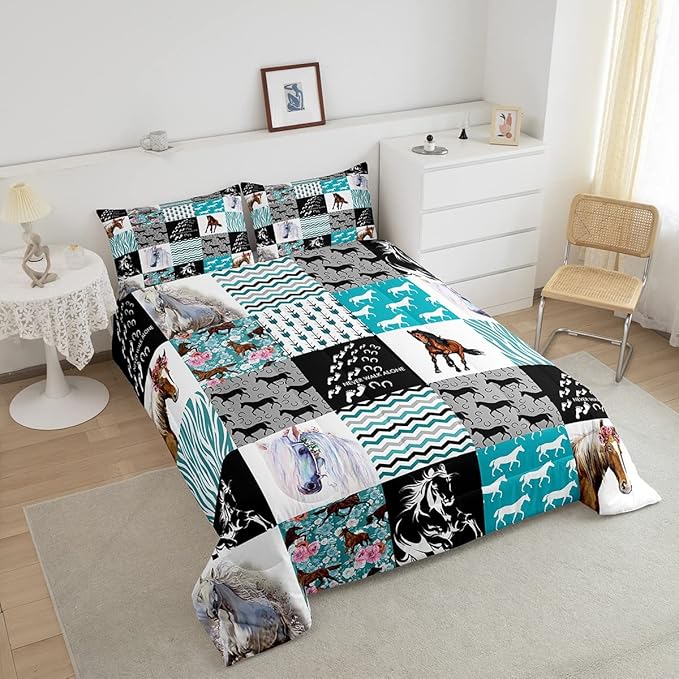 Horse Bedding,Western Farmhouse Horse Comforter Set For Girls Twin Bed,Boho Arrow Teal Zebra Stripe Comforter For Kids Boys Women,Rose Flower Rustic Cowboy Quilt Duvet sets 1 Pillowcases Black White - LeafyLoom