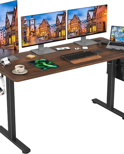STARY Electric Adjustable Height Sit Stand Home Office Desk with Splice Board, 55x24, Rustic Brown/Black Frame - LeafyLoom