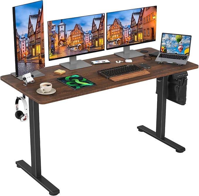 STARY Electric Adjustable Height Sit Stand Home Office Desk with Splice Board, 55x24, Rustic Brown/Black Frame - LeafyLoom