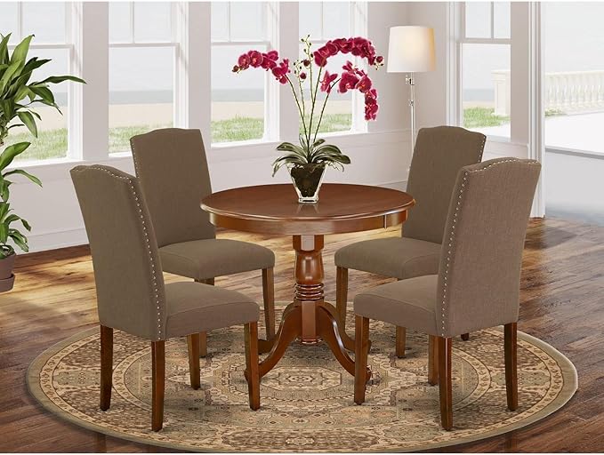 East West Furniture ANEN5-MAH-18 Antique 5 Piece Set for 4 Includes a Round Kitchen Table with Pedestal and 4 Dark Coffee Linen Fabric Parson Dining Chairs, 36x36 Inch - LeafyLoom