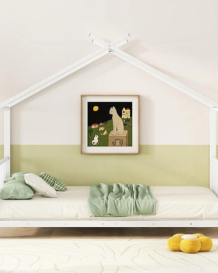 Twin Size Kids Montessori Floor Bed,House Bed Frame with High Headboard,Twin Floor Bed with Roof for Boys Girls,Floor Bed Metal Frame (White) - LeafyLoom