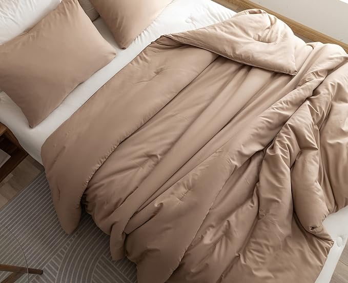 ROSGONIA Comforter Full Size for Girls Boys Teens Taupe Brown, 3pcs(1 Boho Tan Comforter & 2 Pillowcases), Lightweight Dorm Bedding All Season Bed Set - LeafyLoom