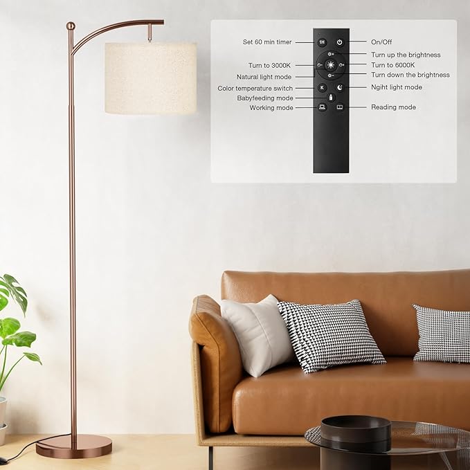 Ambimall Floor Lamp with Remote Control and Stepless Dimmable Bulb, Colors Temperature & Brightness Adjustable, Modern Floor Lamps for Living Room（Dark Beige Shade & Brown Pole） - LeafyLoom
