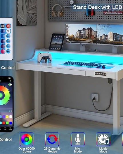Vabches Standing Desk with Drawer, Stand Up Electric Standing Desk, Height Adjustable Stand Home Office Desk with LED Lights & Charging Station, Quick Install Ergonomic Rising Desk, White - LeafyLoom
