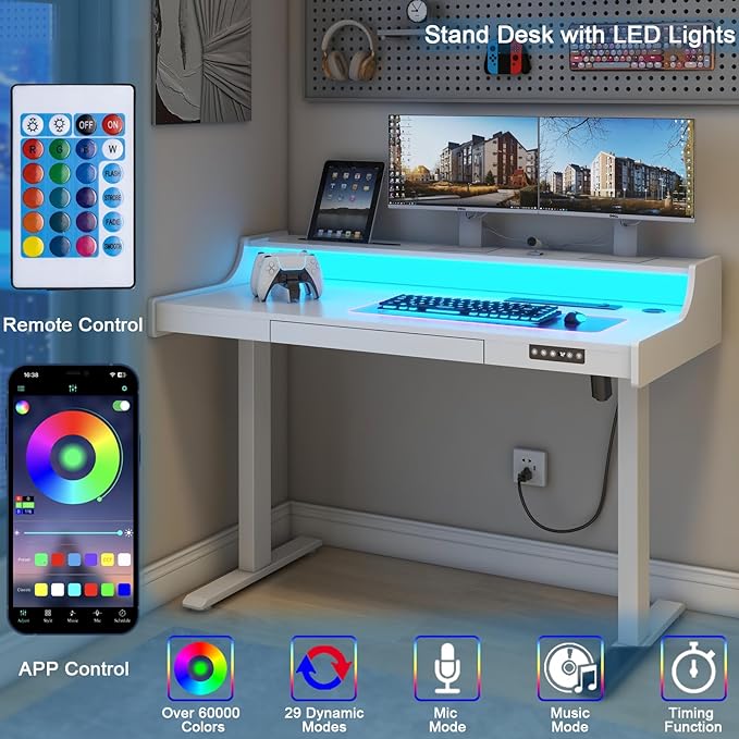 Vabches Standing Desk with Drawer, Stand Up Electric Standing Desk, Height Adjustable Stand Home Office Desk with LED Lights & Charging Station, Quick Install Ergonomic Rising Desk, White - LeafyLoom