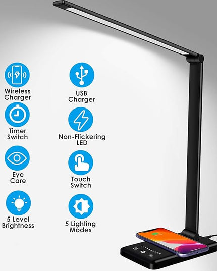 LED Desk Lamp with Wireless Charger, Dimmable Office Lamp with USB Charging Port, Eye- Caring Desk Lamps, Bright with 5 Lighting Modes, Touch Control Auto Timer - LeafyLoom