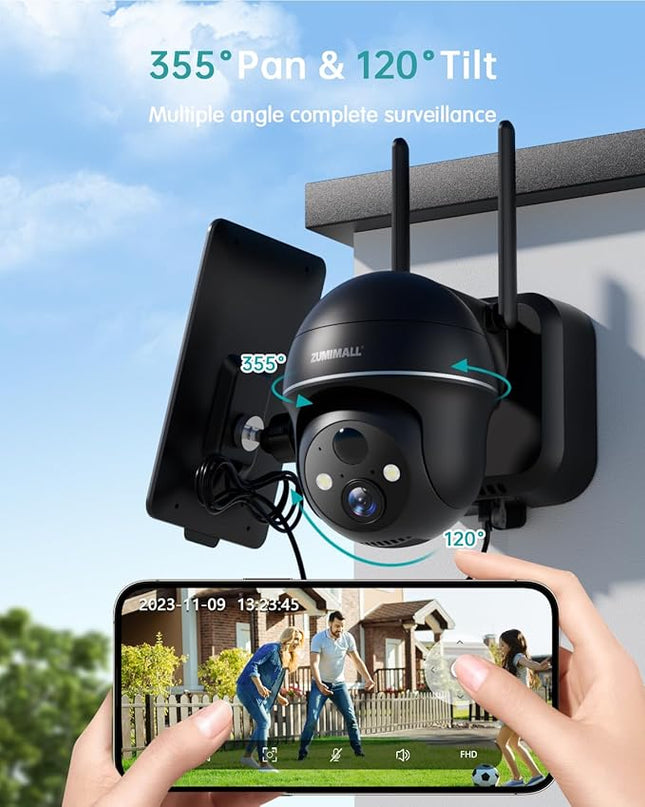 ZUMIMALL Security Cameras Wireless Outdoor - 2 Packs, 360°View Outdoor Camera Wireless Solar Powered,2.4G WiFi, Spotlight/Siren//3MP Color Night Vision/AI Detection/IP66/Cloud/Alert, Work with Alexa ZUMIMALL