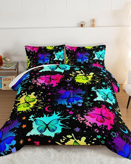 HOSIMA Colorful Butterfly Comforter Set for College Girls and Boys Twin Bed in a Bag,3Pcs Bedding Set Colorful Ink Print Comforter with 2 Pillowcases,Star Moon Black Twin Comforter for All Seasons. - LeafyLoom