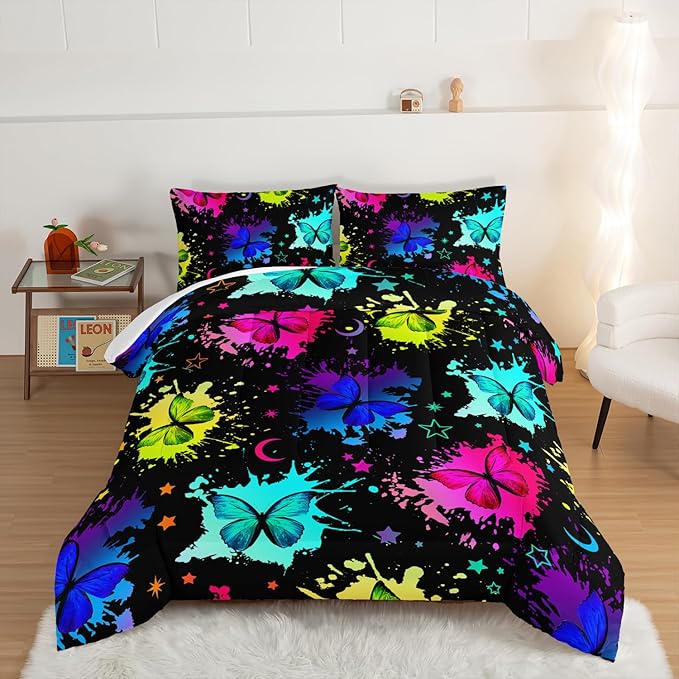 HOSIMA Colorful Butterfly Comforter Set for College Girls and Boys Twin Bed in a Bag,3Pcs Bedding Set Colorful Ink Print Comforter with 2 Pillowcases,Star Moon Black Twin Comforter for All Seasons. - LeafyLoom