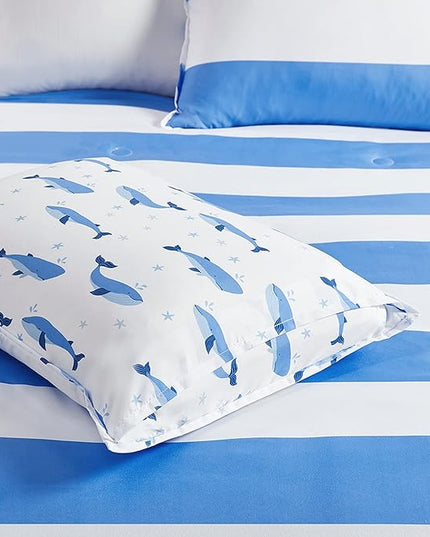 Mizone Kids Blake Reversible Dolphin Comforter Set - Adventure Animal Adorable Print with Stripe Reverse, Fun Bedroom Décor, Modern All Season Kids Bedding, Matching Sham, Full/Queen, Blue 3 Piece - LeafyLoom