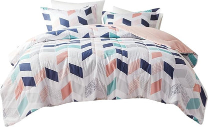Comfort Spaces Kylar Cozy Comforter Set, Vibrant Chevron Ruching Design with Solid Reverse, All Season Down Alternative Bedding with Matching Sham, Twin/Twin XL (66 in x 90 in), Multi/Blush 2 Piece - LeafyLoom