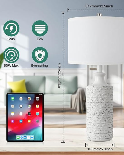 Brightever Farmhouse Ceramic Table Lamp, Modern Tall Desk Lamp for Bedroom with White Fabric Shade, Rotary Bedside Nightstand Lamp for Living Room, Office, Study, Bulb not Included - LeafyLoom