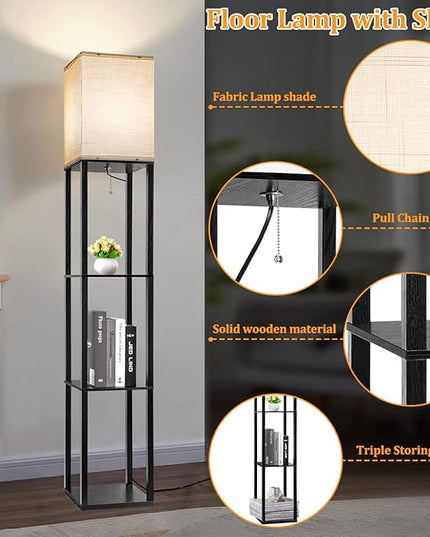 Dott Arts Floor Lamp with Shelves, Floor Lamps for Living Room Decor Display Shelf Lamps with 3 Color LED Bulb, Modern Floor Lamp for Bedroom Standing Lamp for Living Room Office,Home Decor（Black） - LeafyLoom