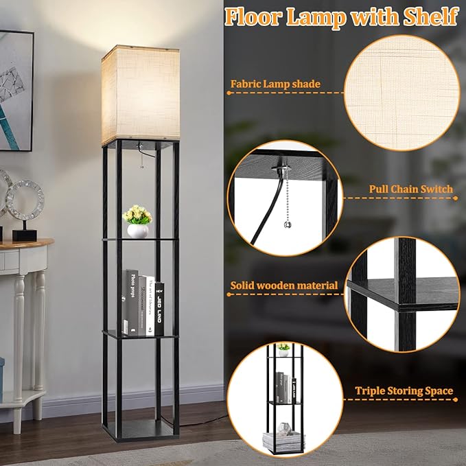 Dott Arts Floor Lamp with Shelves, Floor Lamps for Living Room Decor Display Shelf Lamps with 3 Color LED Bulb, Modern Floor Lamp for Bedroom Standing Lamp for Living Room Office,Home Decor（Black） - LeafyLoom