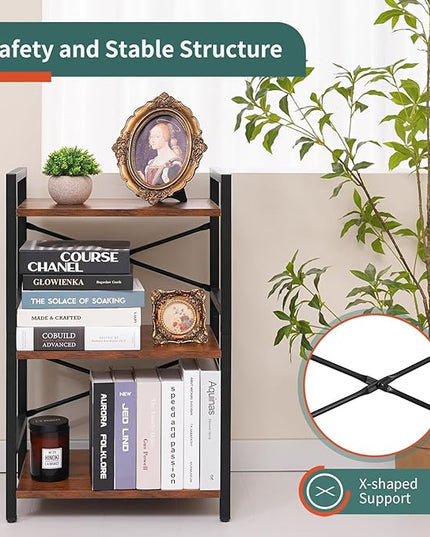 Yoobure Bookshelf Small Book Shelf, Solid Industrial 3 Tier Shelf Bookcase, Short Book Case for Bedroom, Living Room, Office Home, Small Spaces, Berry Brown - LeafyLoom