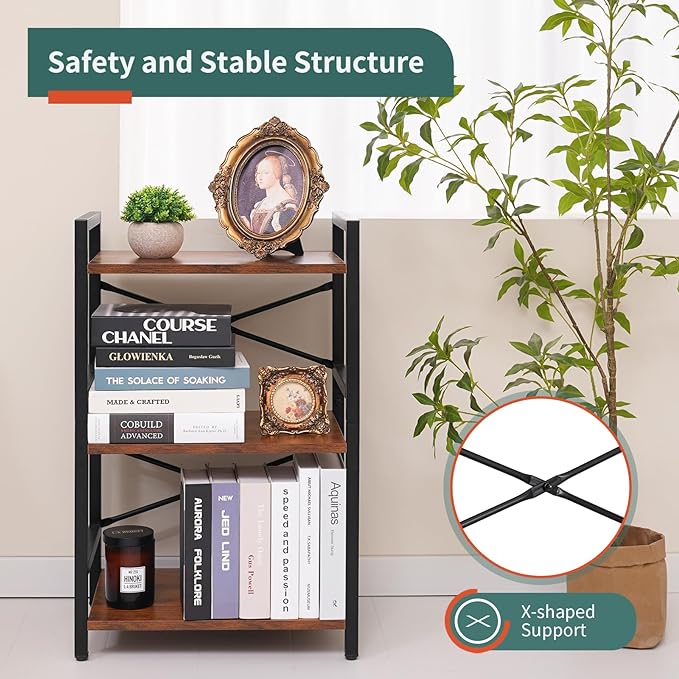 Yoobure Bookshelf Small Book Shelf, Solid Industrial 3 Tier Shelf Bookcase, Short Book Case for Bedroom, Living Room, Office Home, Small Spaces, Berry Brown - LeafyLoom