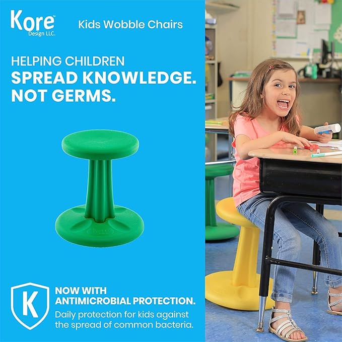 Kore Kids Wobble Chair - Flexible Seating Stool for Classroom & Elementary School, ADD/ADHD - Made in The USA - Age 6-7, Grade 1-2, Green (14in) - LeafyLoom