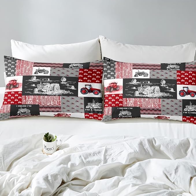 Erosebridal Red Tractor Bedding Set for Boys King,Construction Tractor Comforter Set Kids Teens Equipment Trucks Down Comforter Black White Construction Vehicle Quilt Set Bedroom Decor - LeafyLoom