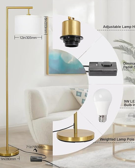 Boncoo Gold Floor Lamp, Montage Modern Standing Lamp with Flexible Lamp Head, Dimmable Floor Lamp for Living Room Tall Over Couch Reading Light for Bedroom, Office, 9W LED Bulb Included - LeafyLoom