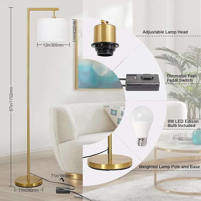 Boncoo Gold Floor Lamp, Montage Modern Standing Lamp with Flexible Lamp Head, Dimmable Floor Lamp for Living Room Tall Over Couch Reading Light for Bedroom, Office, 9W LED Bulb Included - LeafyLoom