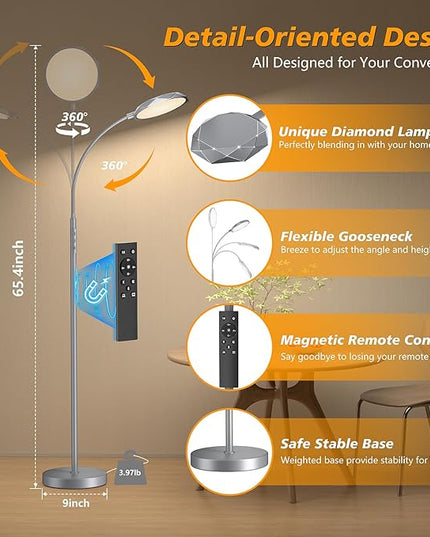 LED Floor Lamp, 18W Bright Floor Lamps for Living Room, Stepless Adjustable Colors & Brightness Standing Lamp with Timer, Remote & Touch Control, Eye Caring Reading Lights for Bedroom,Office - LeafyLoom