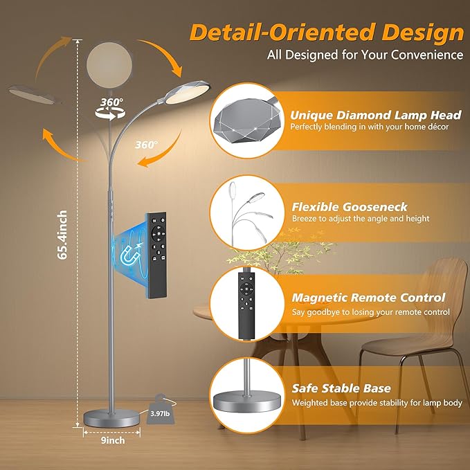 LED Floor Lamp, 18W Bright Floor Lamps for Living Room, Stepless Adjustable Colors & Brightness Standing Lamp with Timer, Remote & Touch Control, Eye Caring Reading Lights for Bedroom,Office - LeafyLoom