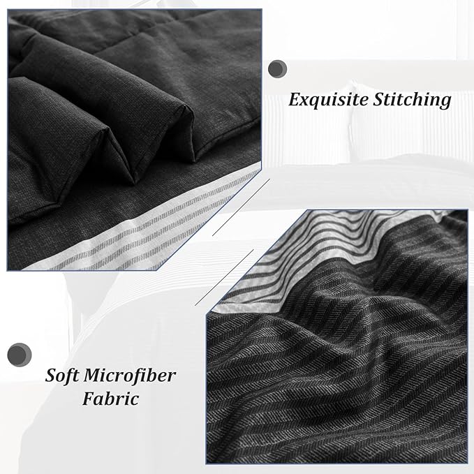 WONGS BEDDING Black Comforter Twin, Black Grey Striped Patchwork Down Alternative Comforter Set for Twin Bed, 2 Pieces(1 Comforter+1 Pillowcase), Soft Microfiber Bedding Duvet Insert 68"×86" - LeafyLoom