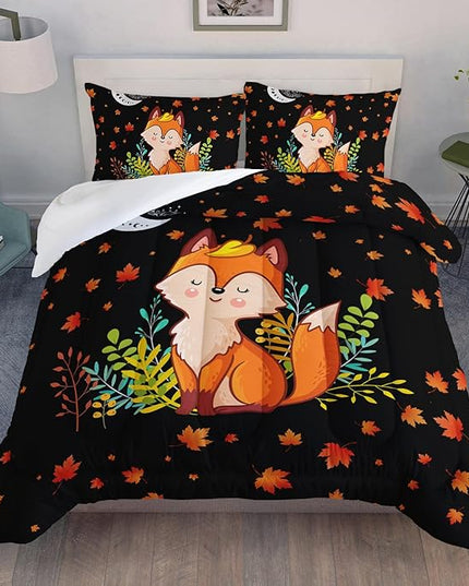 Cartoon Fox Comforter Set 3-Pieces Cute Fox Bedding Set Moon Plants Leaves Printed Quilt Set for Kids Boys Girls with 2 Pillowcases Full - LeafyLoom