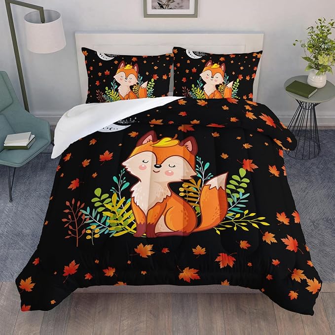 Cartoon Fox Comforter Set 3-Pieces Cute Fox Bedding Set Moon Plants Leaves Printed Quilt Set for Kids Boys Girls with 2 Pillowcases Twin - LeafyLoom