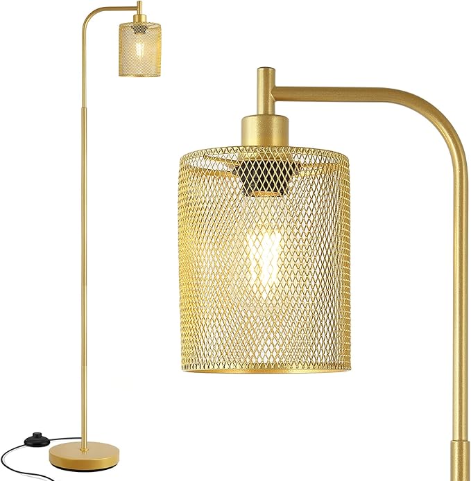 BoostArea Industrial Gold Floor Lamp, 67 Inch LED Standing Lamp with Iron Mesh Lampshade, 6W Brass Stand Up Lamp for Living Room, Bedroom, Office, Den - LeafyLoom