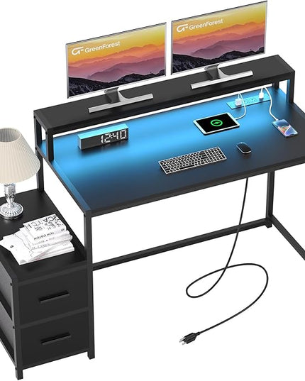 GreenForest Small Desk for Bedroom, 39.4 inch Computer Desk with 2 Drawers, Gaming Desk with LED Light and Power Outlet, Reversible Office Desk with Monitor Stand, Desk for Small Spaces, Black - LeafyLoom