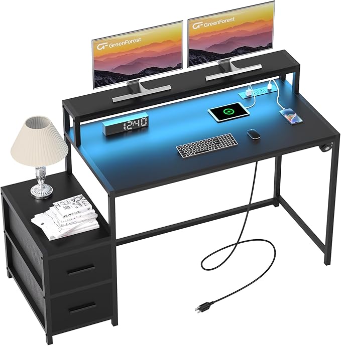 GreenForest Small Desk for Bedroom, 39.4 inch Computer Desk with 2 Drawers, Gaming Desk with LED Light and Power Outlet, Reversible Office Desk with Monitor Stand, Desk for Small Spaces, Black - LeafyLoom