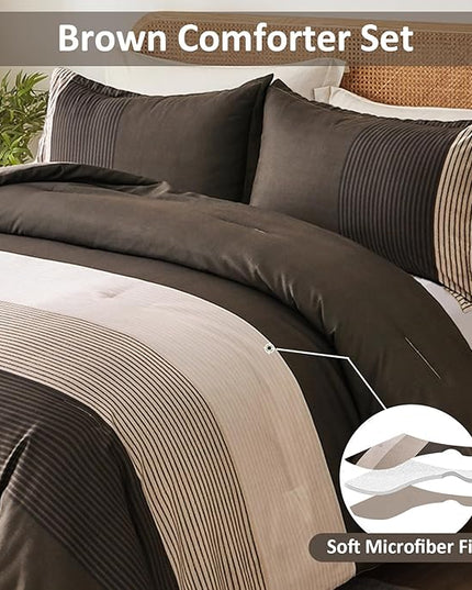 Brown Comforter Set Queen, Reversible Brown Striped Down Alternative Comforter for Queen Bed,3 Pieces (1 Comforter+2 Pillowcases), Soft Microfiber Bedding Duvet Set 90"×90" - LeafyLoom
